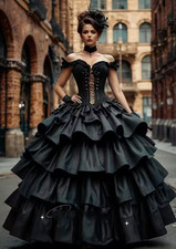 Steampunk Black Gothic Wedding Dress Corset Off Shoulder Tiered Ball Gown