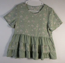Paper Crane Womens Pullover Floral Top Short Sleeve Crew Neck Size M Green