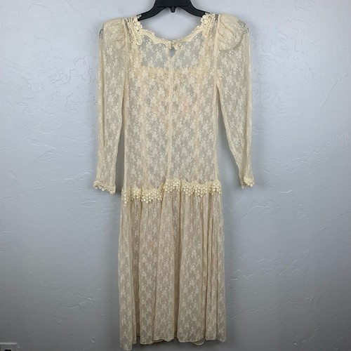 Abito midi vintage pizzo donna taglia media cottagecore boho vita bassa vestito - Foto 2 di 7