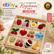 12 Pcs Handmade Crochet Keychain Set Cute Bag Charms Flower Fruit Keyrings
