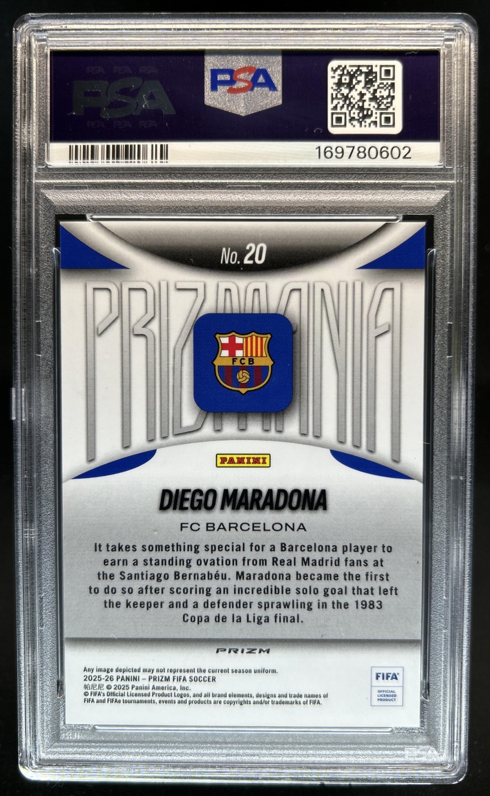 2025-26 Panini Prizm FIFA Diego Maradona Prizmania SSP #20 Boca PSA 10 GEM MINT view 2