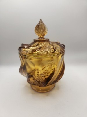 Vintage Amber Art Glass Lidded Jar w/ Flame Finial Swirled Scroll Design 8 