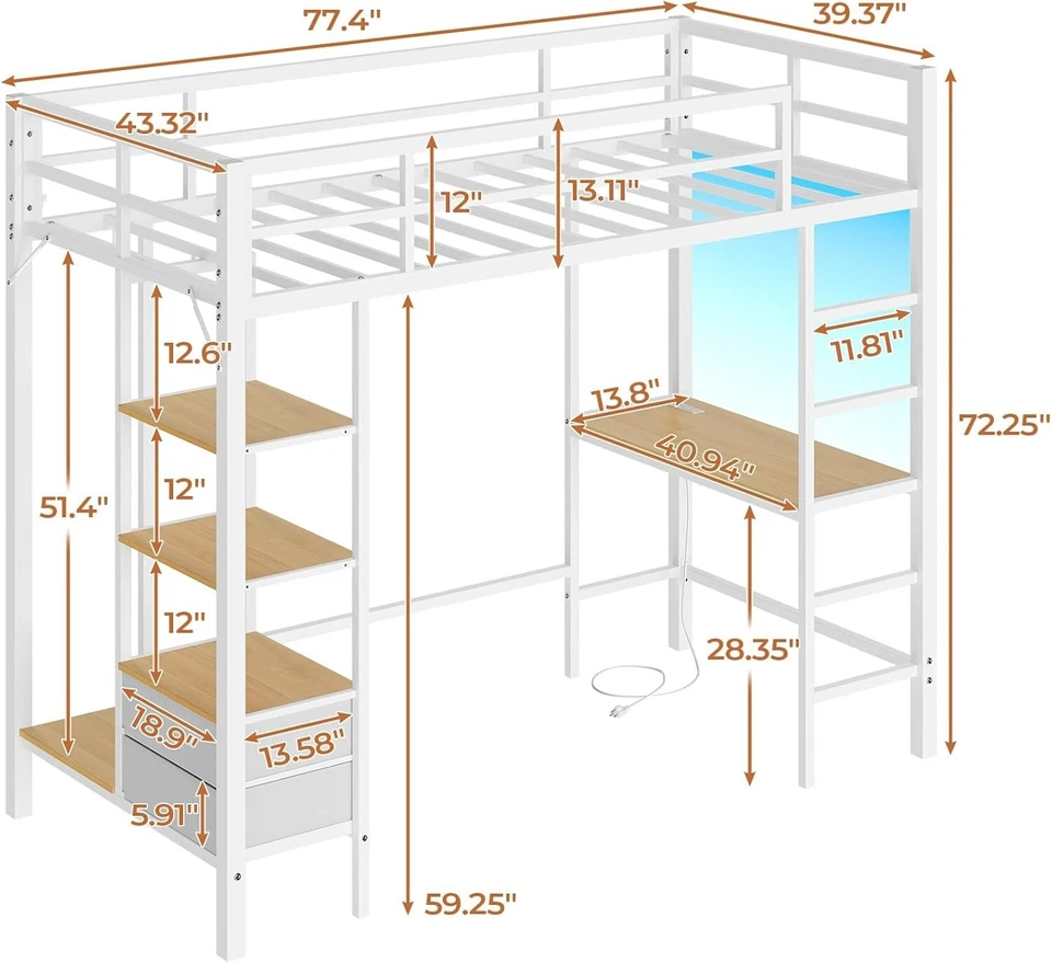 Twin Loft Bed with Desk Metal Loft Bed Frame with Charging Station Led Lights - Image 2 of 4