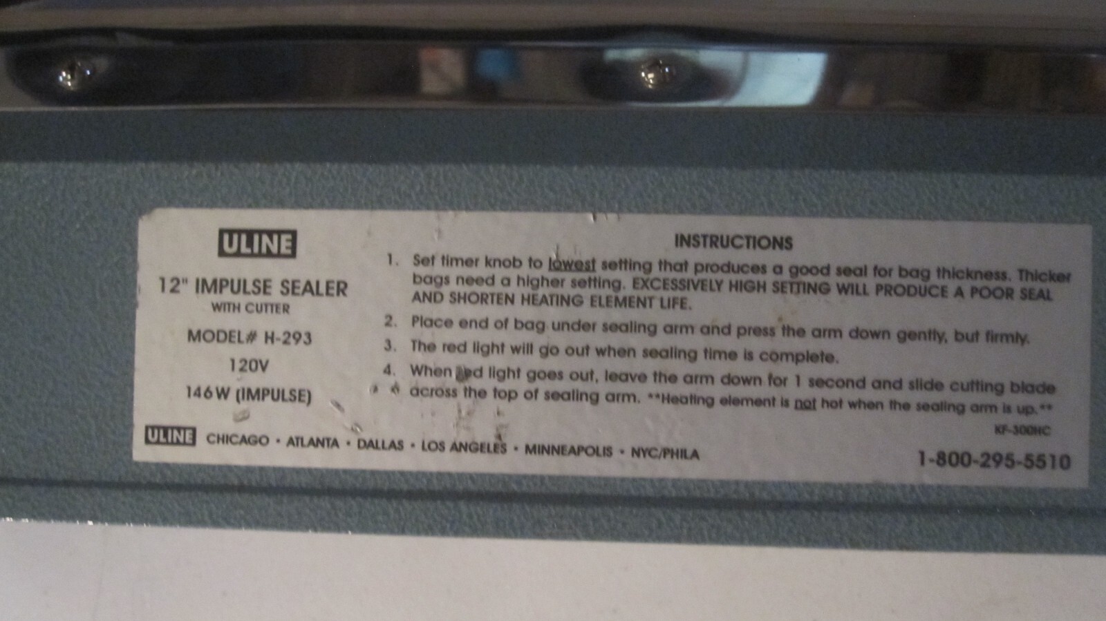 Uline H293 12" Impulse Heat Sealer w/Cutter Tested Works Free Shipping