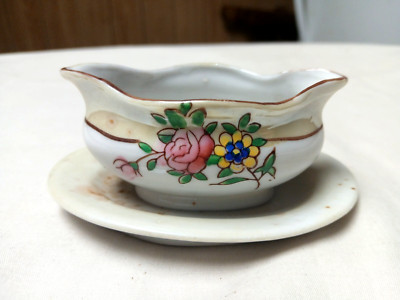 Antique Porcelain Childs Gravy Boat Serving Dish with Fixed Tray Made In Japan