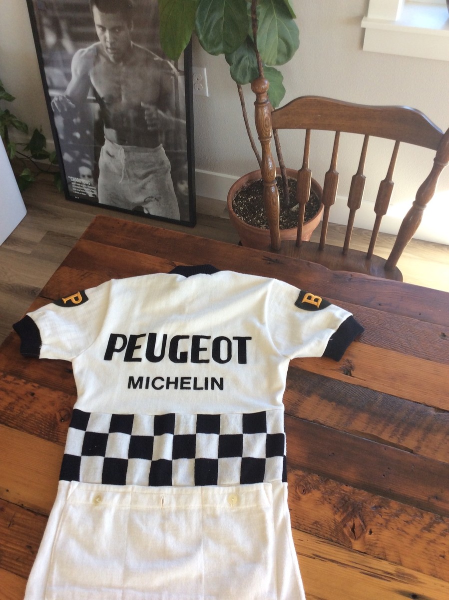 Maillot Cycles PEUGEOT à damier ESSO MICHELIN 1977 vintage shirt jersey maglia M