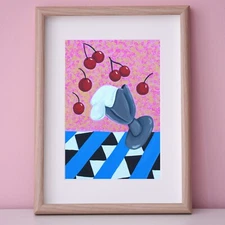Colorful cherries pink vintage poster: small 8x10 giclee print