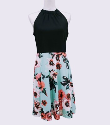 Ouges Womens Fit Flare Dress Large Stretch Tie Neck Floral Black Sleeveless | eBay Ouges Womens Fit Flare Dress Large Stretch Tie Neck Floral Black Sleeveless | eBay