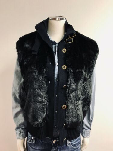 Twelfth Street Cynthia Vincent Black Faux-Fur and Cashmere Blend Sweater Vest M  - Afbeelding 1 van 10
