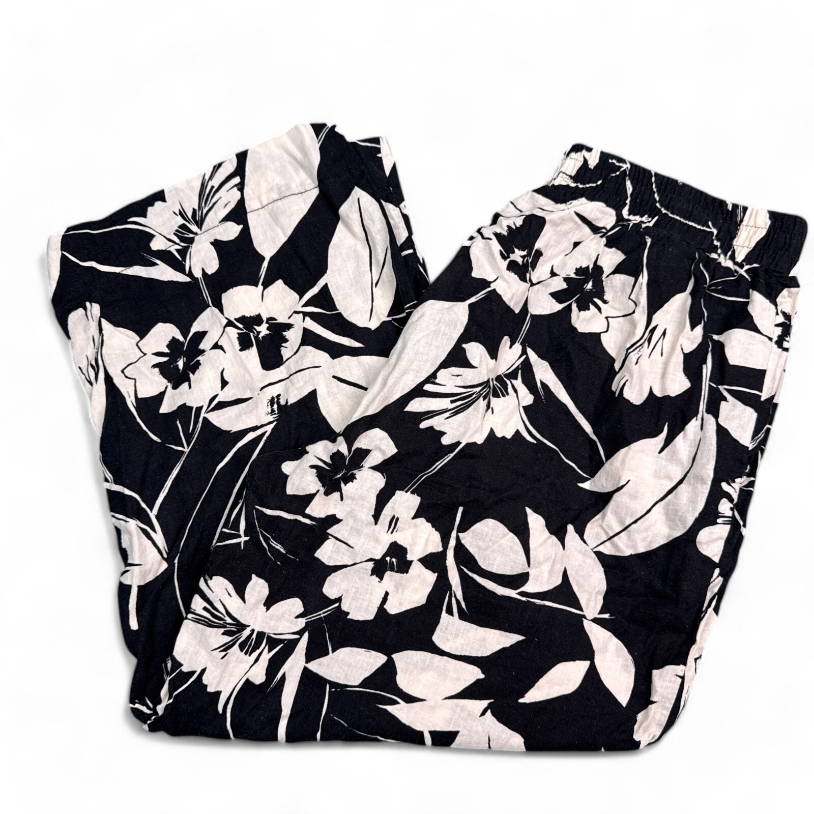 Panama Jack Linen Blend Pants Womens Size XL Black White Floral Tropical