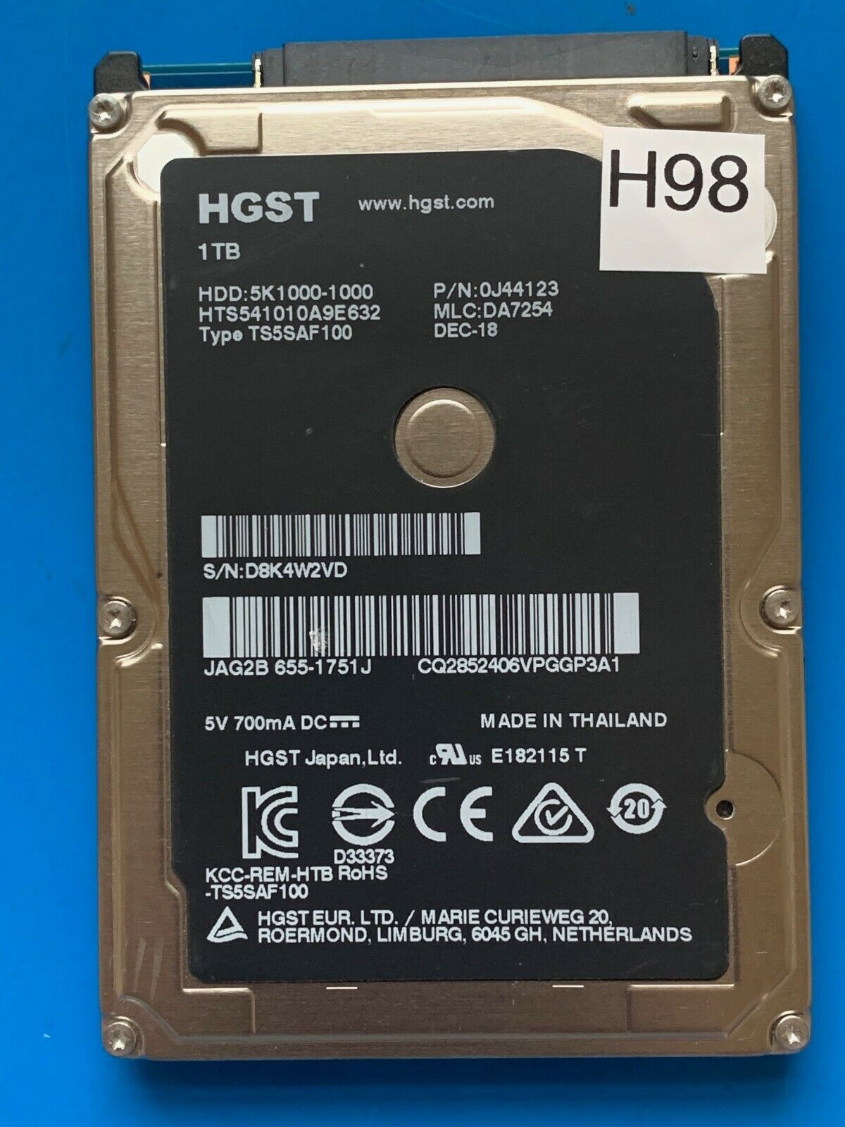 HGST HTS541010A9E632, PN 0J44123, MLC DA7254, 1TB SATA 2.5 Hard