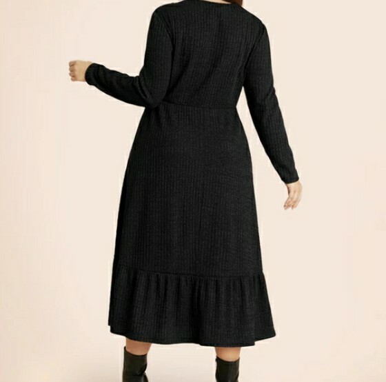 Solid Pocket Rib Knit Ruffle Hem Dress Without BeltColor: BlackWith  Pockets. | eBay