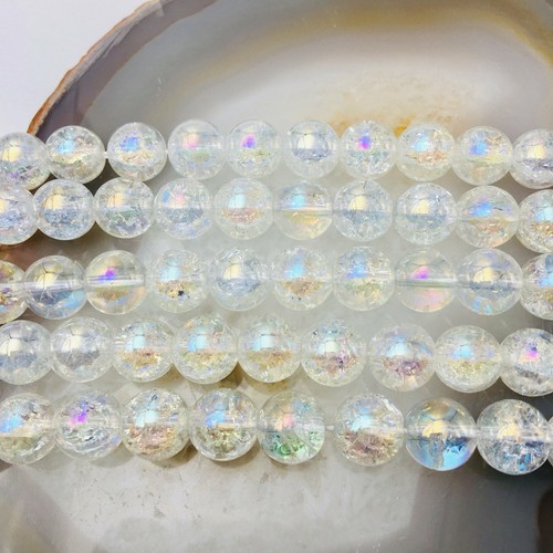 AB Coated Crackle Quartz Crystal Smooth Round Beads 6mm 8mm 10mm 15.5" Strand - Picture 3 of 4
