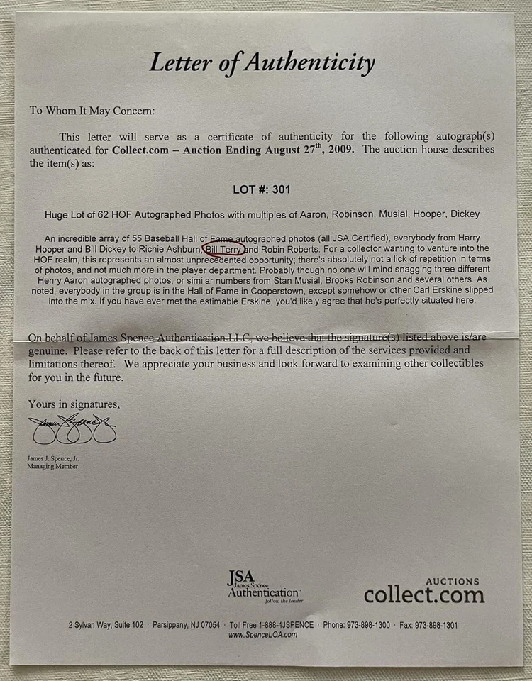 Bill Terry Signed Autographed Glossy 8x10 Photo New York Giants: JSA Auction LOA - Image 2 of 2