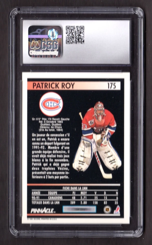 1991-92 Pinnacle French #175 Patrick Roy Canadiens HOF New CSG Grade 8.5 NM/MT+ - Image 2 of 2