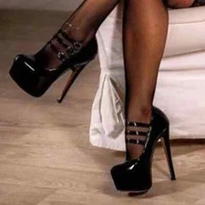 Women Pumps Buckle Straps Thin High Heels Round Toe Black Party Lady Shoes Woman