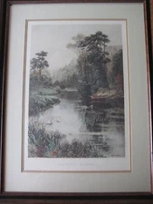 BEAUTIFUL OLD DOUGLAS ADAMS "NATURE'S MIRROR" ETCHING PRINT WITH WOODEN FRAME