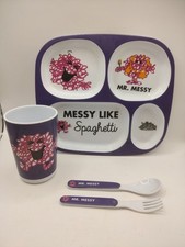 Sanrio 2016 Mr Men Mr Messy 4 Piece Melamine Dinner Set Plate, Cup, Cutlery