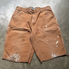 Tan Carhartt Loose Fit Double Knee Carpenter Shorts w Distressed Paint Splatter