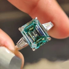 7.30 Ct Blue Emerald Cut Treated Diamond Ring Certified 925 Silver – Elegant