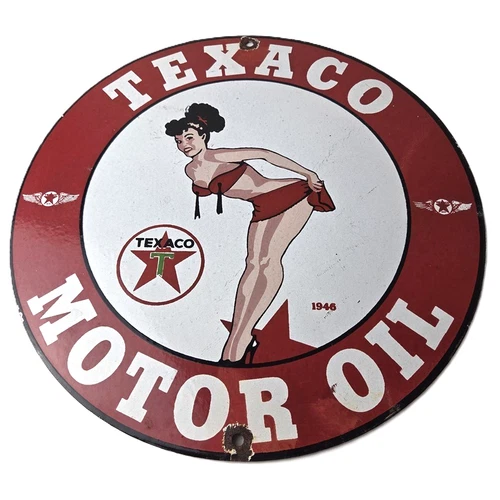 Vintage Texaco Gasoline Sign - Porcelain Motor Oil Bikini Sign
