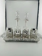 Antique Silver Plated Cruet Set With Tray. Hand Blown Decanters