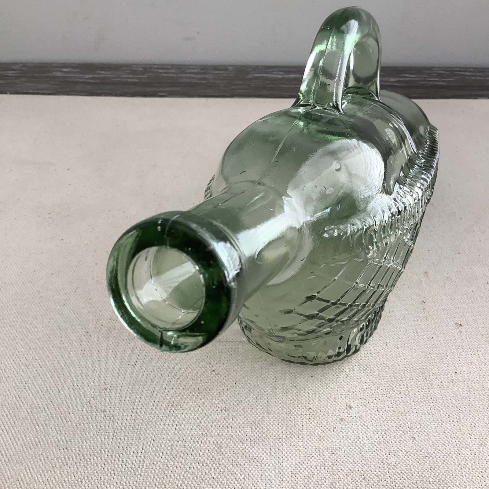 Vintage Wine Bottle Decanter Basket Pattern Greenish Hue Hand Blown