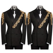 Luxury Black Men's Suits Gold Applique Wedding Tuxedo Evening Party Prom 2pieces