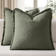 Linen Fringe Throw Pillow Covers Set 18" x 18" Pack of 2 Light Olive Green