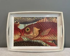 Wooden Serving Tray/by Well Equipped Kitchen/Handcrafted w/Fish Picture 20"x14"