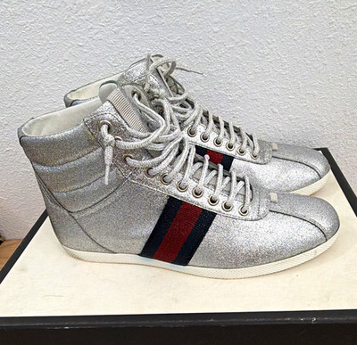 Gucci Men s Glitter Web Silver Metallic High Top Lace-Up Sneakers Web Stripe