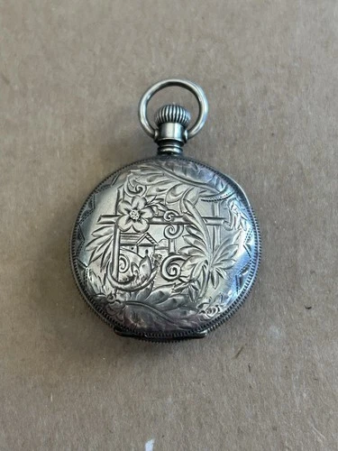 Waltham 0/S 7j Antique Pocket Watch Coin Silver Ornate Case (Running)