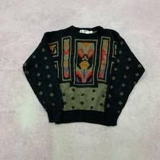 Vintage abstract knitted jumper Patterned Grandad knit sweater Men's M