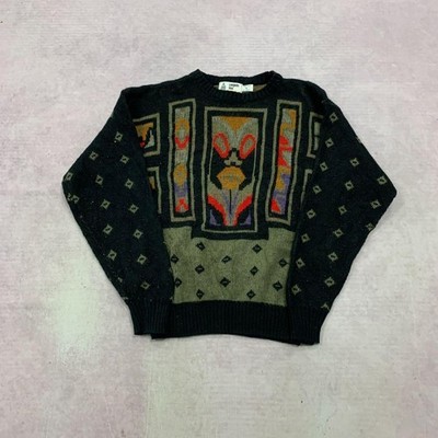 Vintage abstract knitted jumper Patterned Grandad knit sweater Men's M