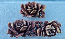Vintage Art Deco Era Deep Carved Celluloid Rose Flower Pin Belt Buckle Set