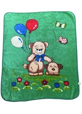 Vintage Plush Baby Kids Blanket Teddy Bear Balloons Green Butterfly Retro