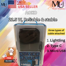 10,000mAh 22.5W Portable Power Bank with Built-in AC Input Plug and three cables