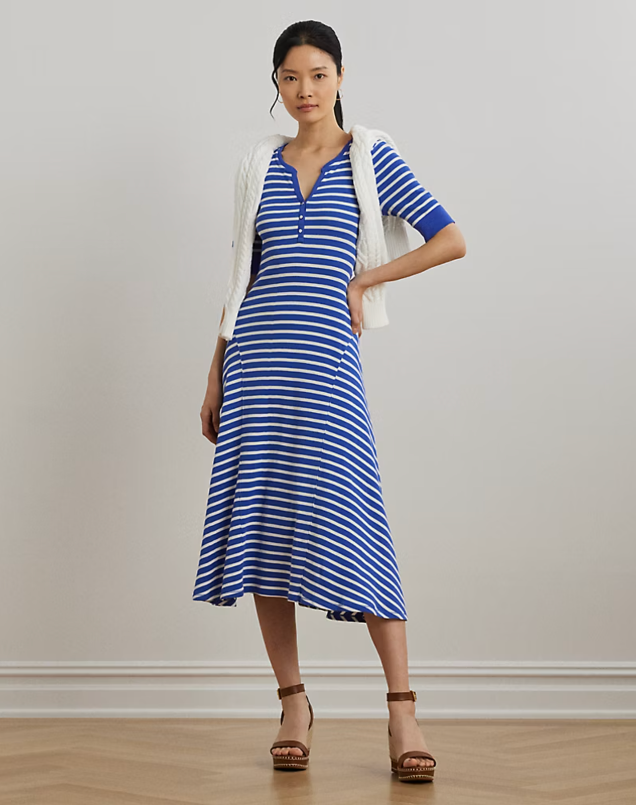 Lauren Ralph Lauren Women Striped Waffle-Knit Cotton Henley Dress Size XS NWT