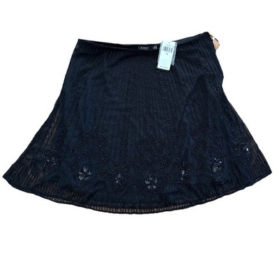 LAUREN RALPH LAUREN Beaded Mesh A-Line Skirt Size 14 Black NWT