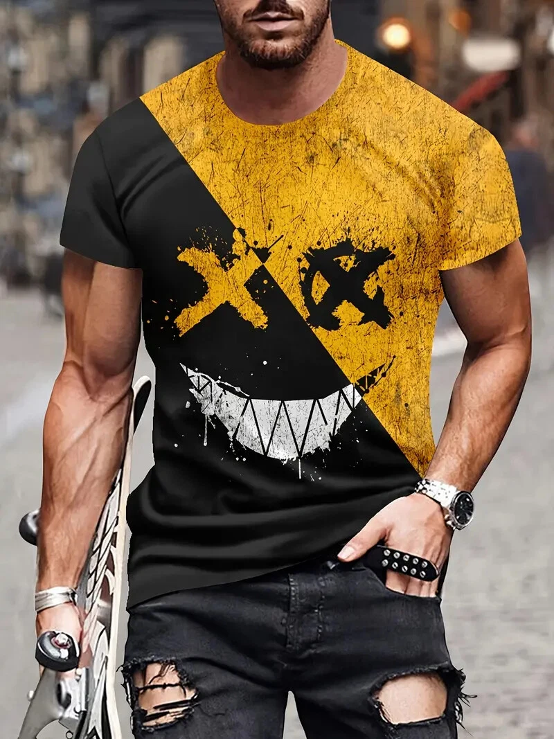 3D Smiling Face Print Men's Trendy Color Block Short Sleeve Crew Neck T-shirt