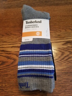 Timberland Cushioned Boot Socks 2 Pairs Wool Gray And Black Mens 9-12