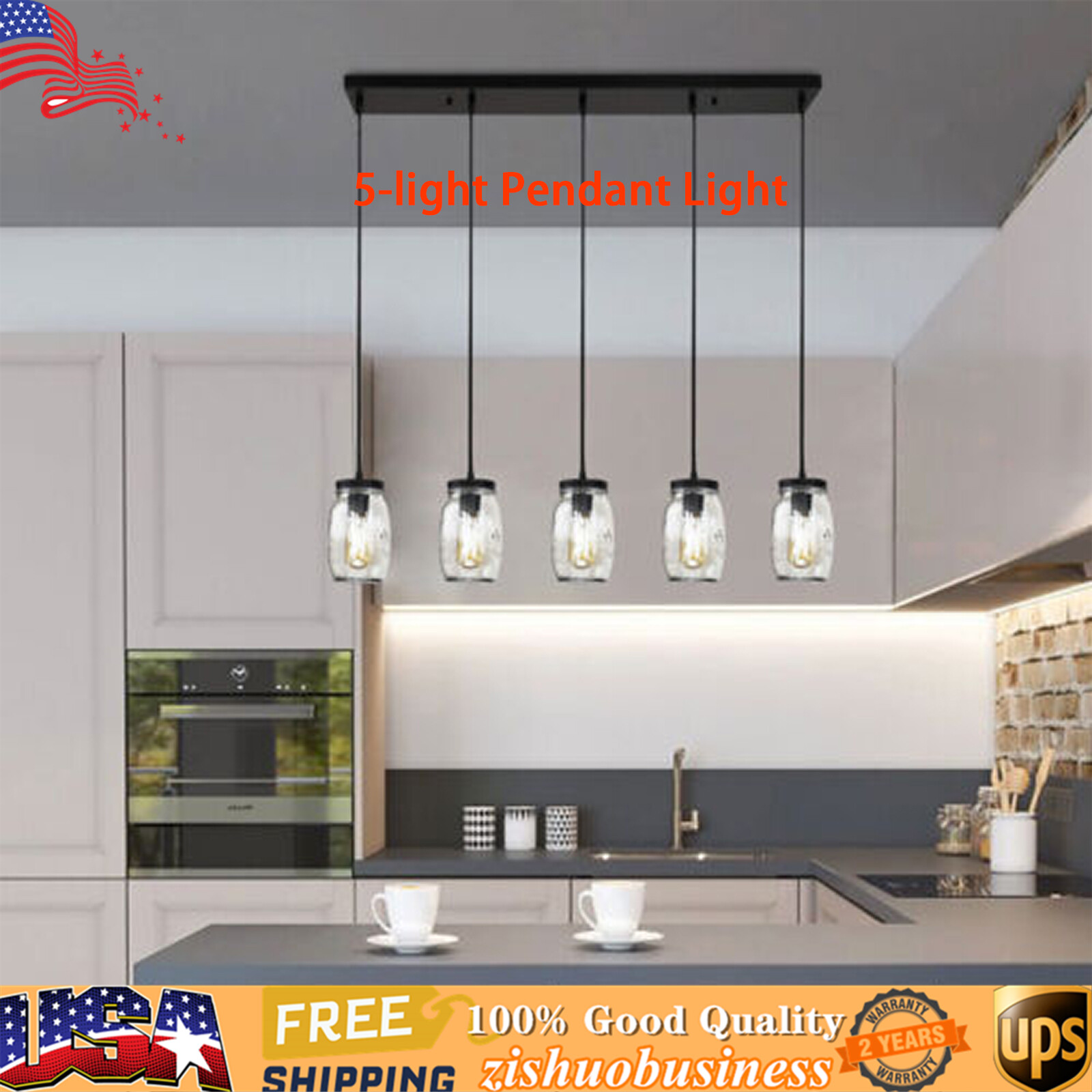 5 Lights Linear Chandelier Glass Mason Jar Pendant Hanging Lamp Lighting Fixture