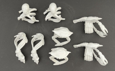 8 Large Sea Creature Napkin Rings Lobster Crab Squid Octopus White Beach
