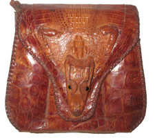 Vintage Genuine Alligator Leather Handbag Brown Head     K/Q 