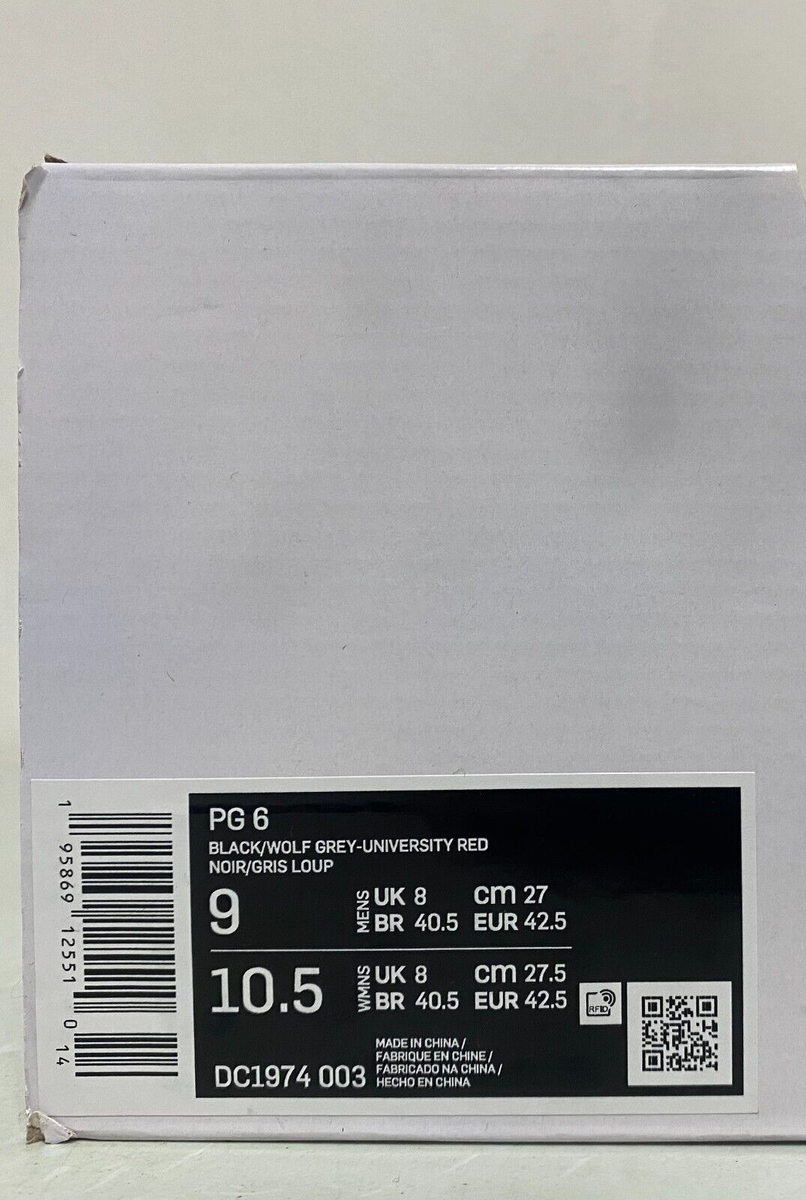 Nike PG 6 Black Wolf Grey University Red DC1974-003 Men's Size 9