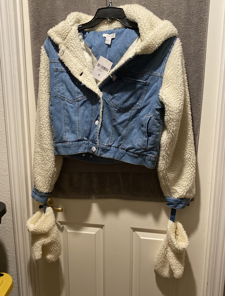 Forever 21 Women's Small Faux Fur Lined Denim Winter Hooded Full Zip Jacket