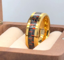 Red Carbon Fiber Ring, Yellow Gold Tungsten Ring, Men's Tungsten Wedding Band