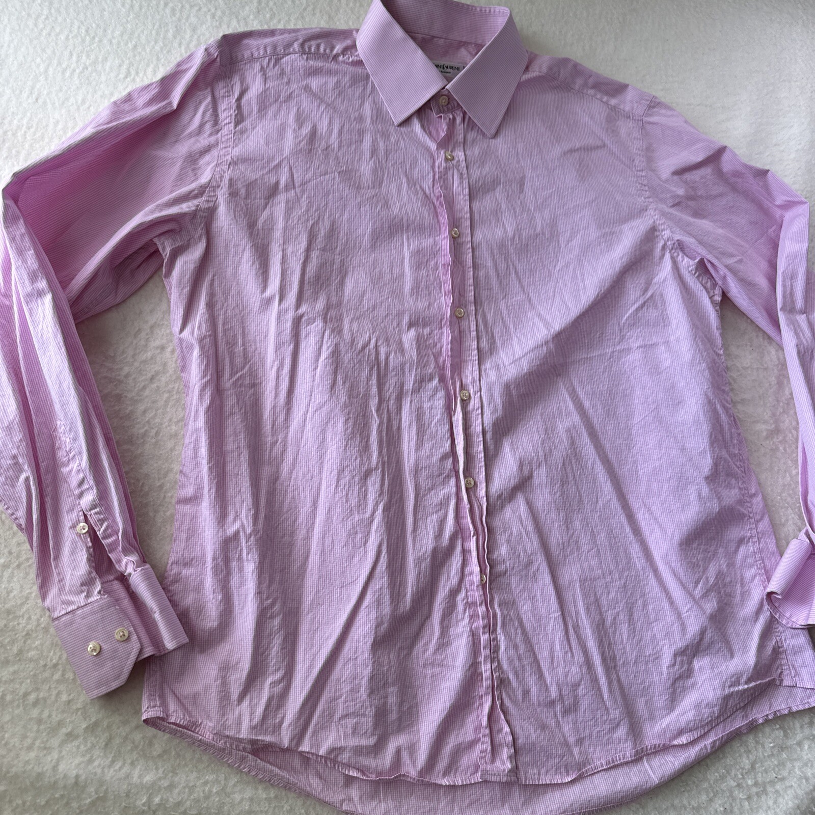 Yves Saint Laurent Rosa Micro Check Made Camicia Abito Uomo Tg XXL Preppy10
