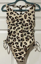 NWOT Kona Sol Size Small Leopard Print One Piece Swimsuit  Ruched Tie Lined