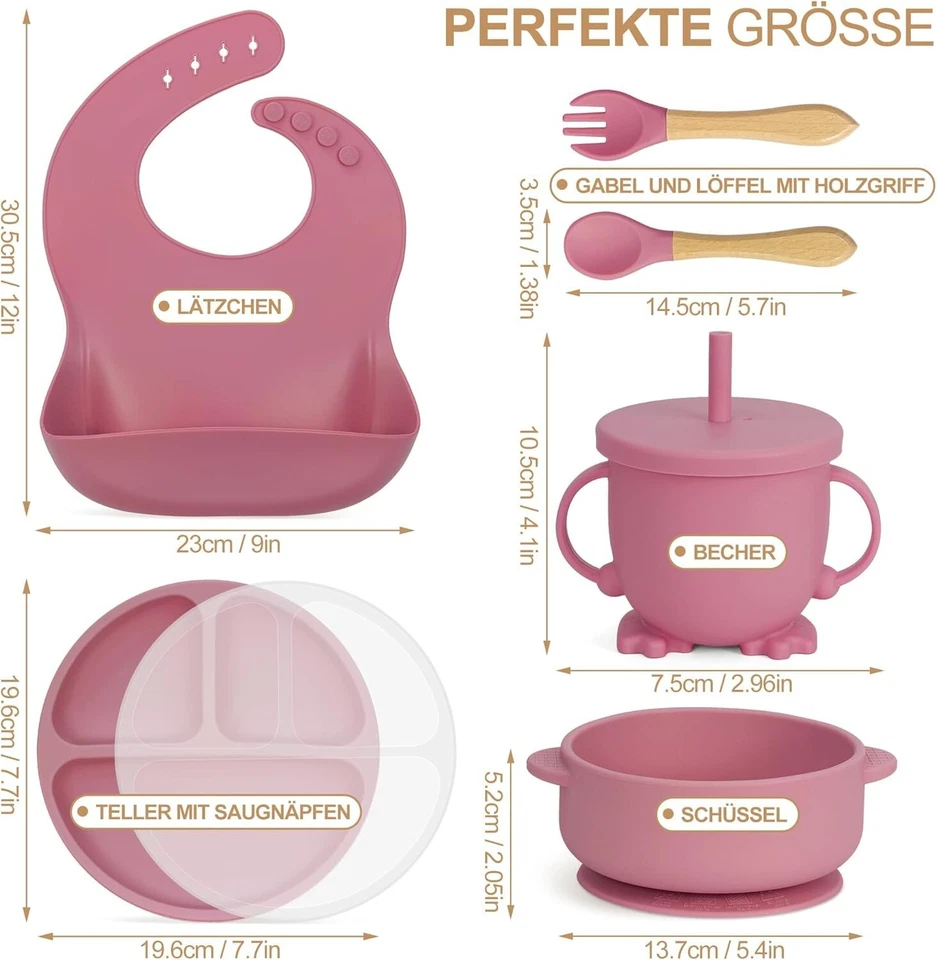 Geschirrset Baby 7-teilig mit Saugnapf Rutschfest Silikon Kind Rosa B502 - Bild 2 von 4